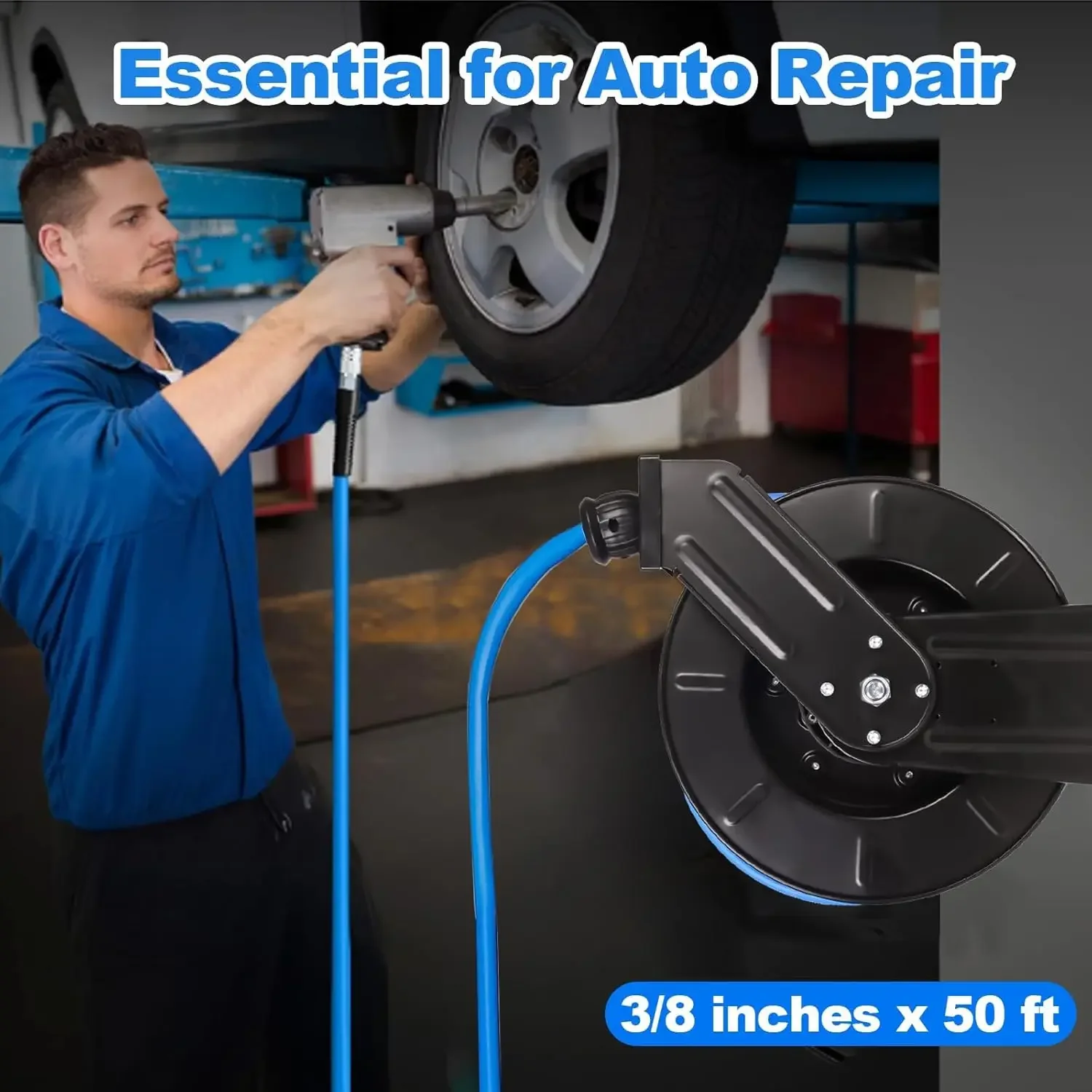 Air Compressor Air Hose 3/8 Hybrid 50Ft - Enrouleur de tuyau d'air rétractable robuste,